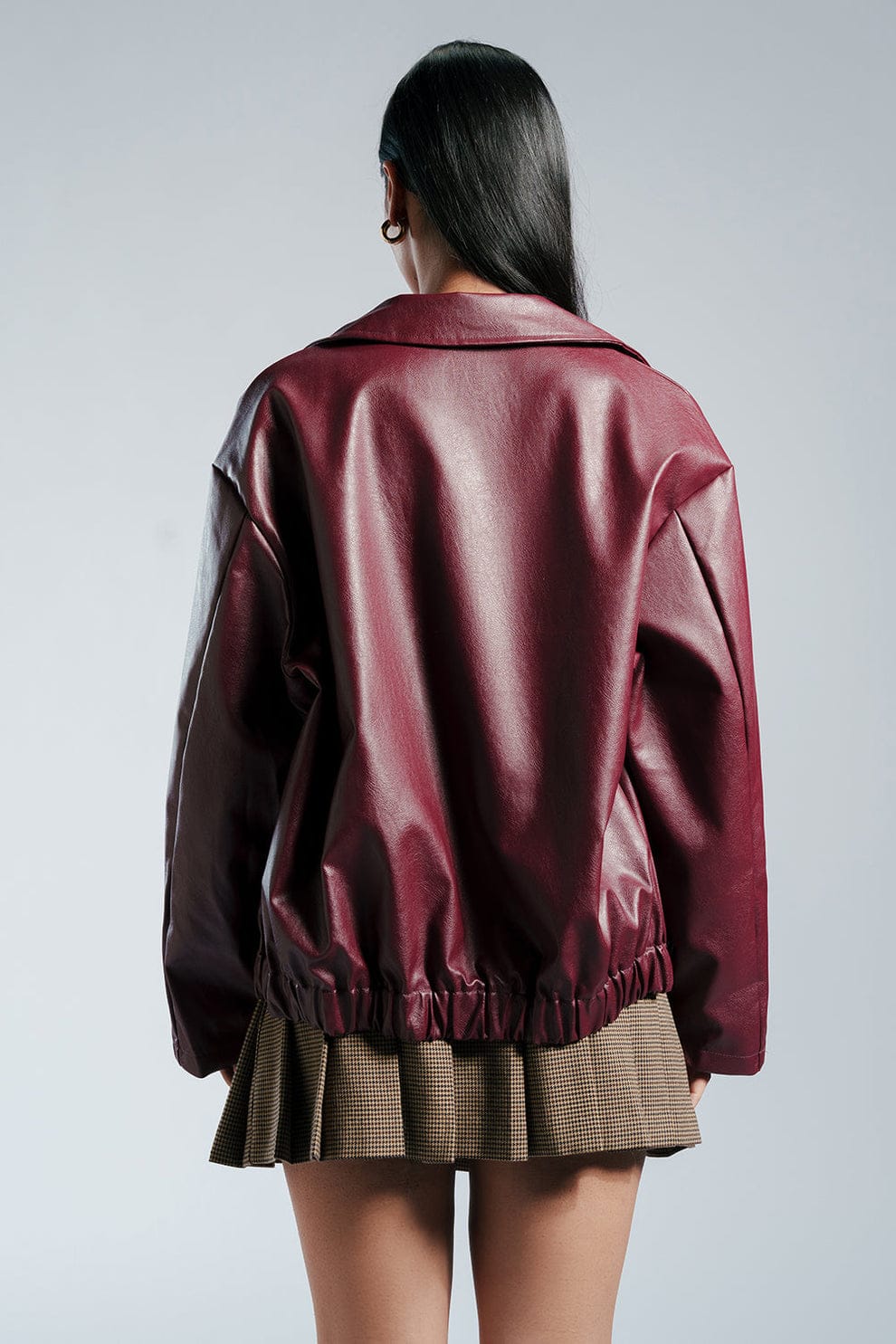 Men's and women's Maroon Faux Leather Bomber Jacket – Oversized Zip-Up with Elastic Hem