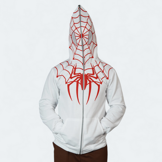 Full-Zip Spider Web Hoodie with Face-Cover Mask – White & Red Graphic Design