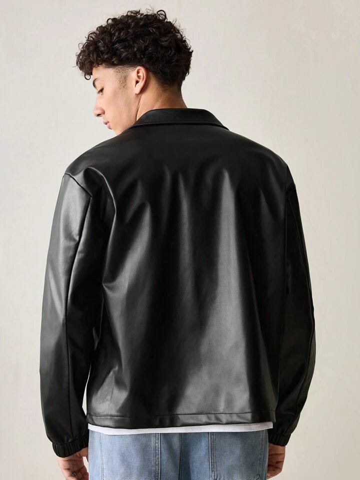 Men’s Black Faux Leather Zip Jacket – Minimal Streetwear Outerwear