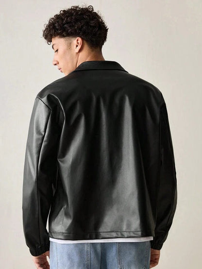 Men’s Black Faux Leather Zip Jacket – Minimal Streetwear Outerwear