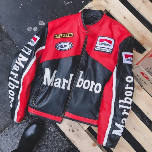 Metromuse Retro Black-Red Marlboro Racing Jacket – Vintage Motorsport Leather Style Unisex