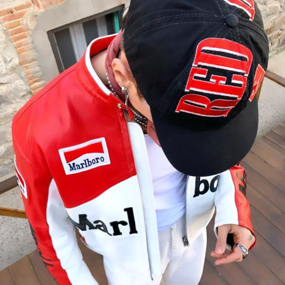 Metromuse Retro Red-White Marlboro Racing Jacket – Vintage Motorsport Style Leather Jacket