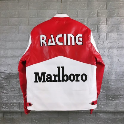 Metromuse Retro Red-White Marlboro Racing Jacket – Vintage Motorsport Style Leather Jacket