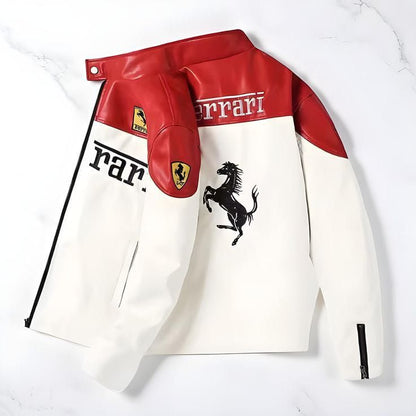 Ferrari-Inspired Racing Leather Jacket – Red & White Motorsport Edition