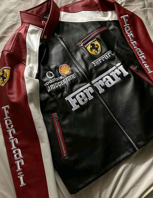 Premium Racing-Inspired Leather Jacket – Ferrari Maroon Motorsport Edition