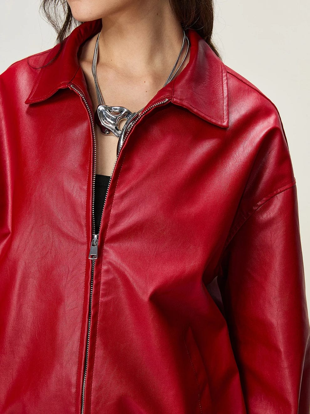 Men's and Women’s Red Faux Leather Zip-Up Jacket – Oversized Streetwear Bomber