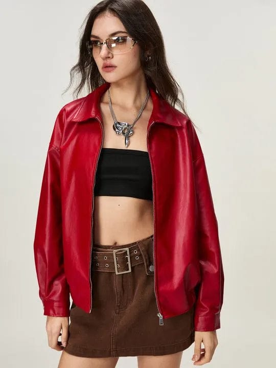 Men's and Women’s Red Faux Leather Zip-Up Jacket – Oversized Streetwear Bomber