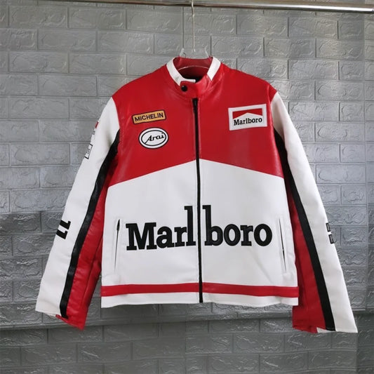Metromuse Retro Red-White Marlboro Racing Jacket – Vintage Motorsport Style Leather Jacket