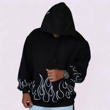 Black Flame Print Hoodie – Oversized Streetwear Hoodie