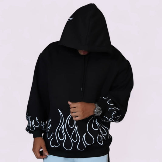 Black Flame Print Hoodie – Oversized Streetwear Hoodie
