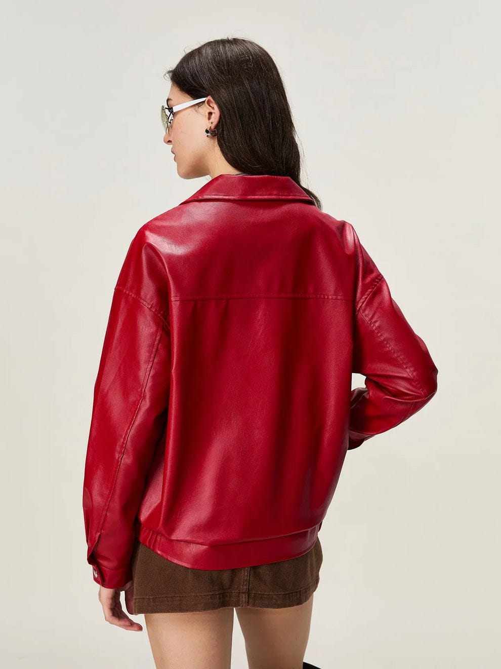 Men's and Women’s Red Faux Leather Zip-Up Jacket – Oversized Streetwear Bomber