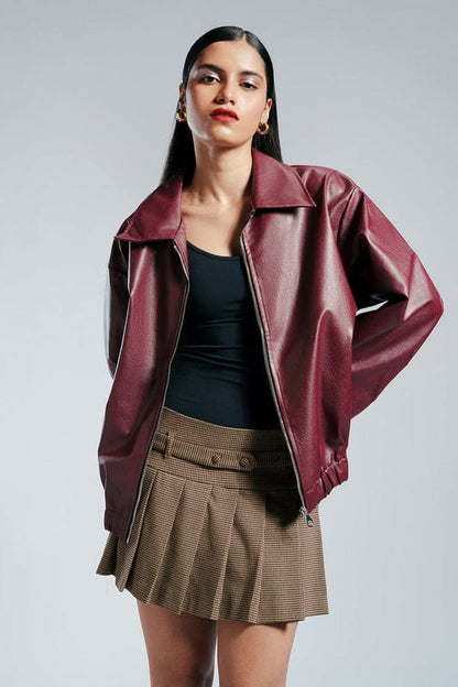 Men's and women's Maroon Faux Leather Bomber Jacket – Oversized Zip-Up with Elastic Hem