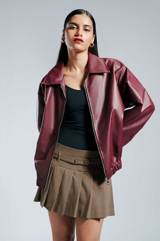 Men's and women's Maroon Faux Leather Bomber Jacket – Oversized Zip-Up with Elastic Hem