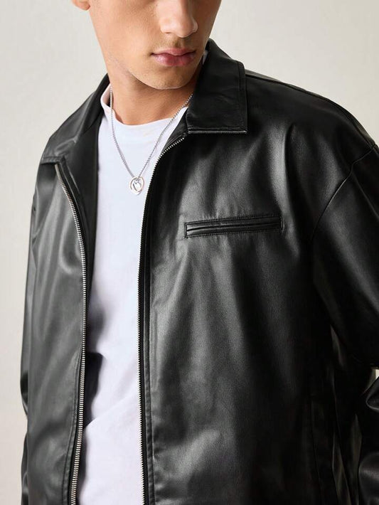 Men’s Black Faux Leather Zip Jacket – Minimal Streetwear Outerwear
