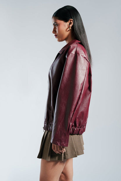 Men's and women's Maroon Faux Leather Bomber Jacket – Oversized Zip-Up with Elastic Hem