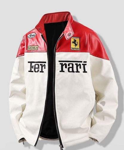 Ferrari-Inspired Racing Leather Jacket – Red & White Motorsport Edition