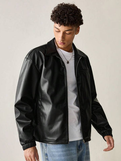 Men’s Black Faux Leather Zip Jacket – Minimal Streetwear Outerwear