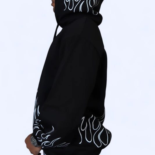 Black Flame Print Hoodie – Oversized Streetwear Hoodie
