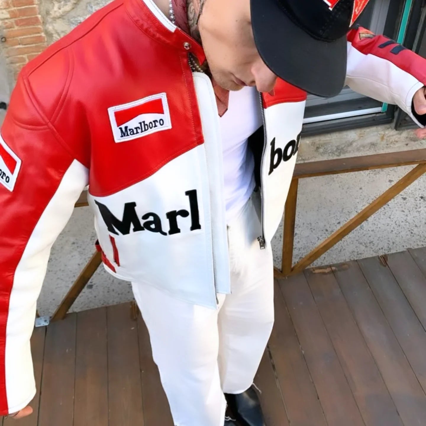 Metromuse Retro Red-White Marlboro Racing Jacket – Vintage Motorsport Style Leather Jacket