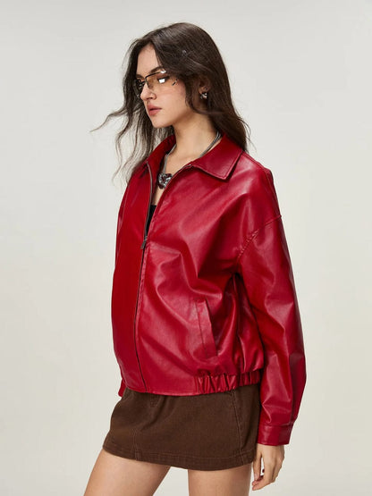 Men's and Women’s Red Faux Leather Zip-Up Jacket – Oversized Streetwear Bomber